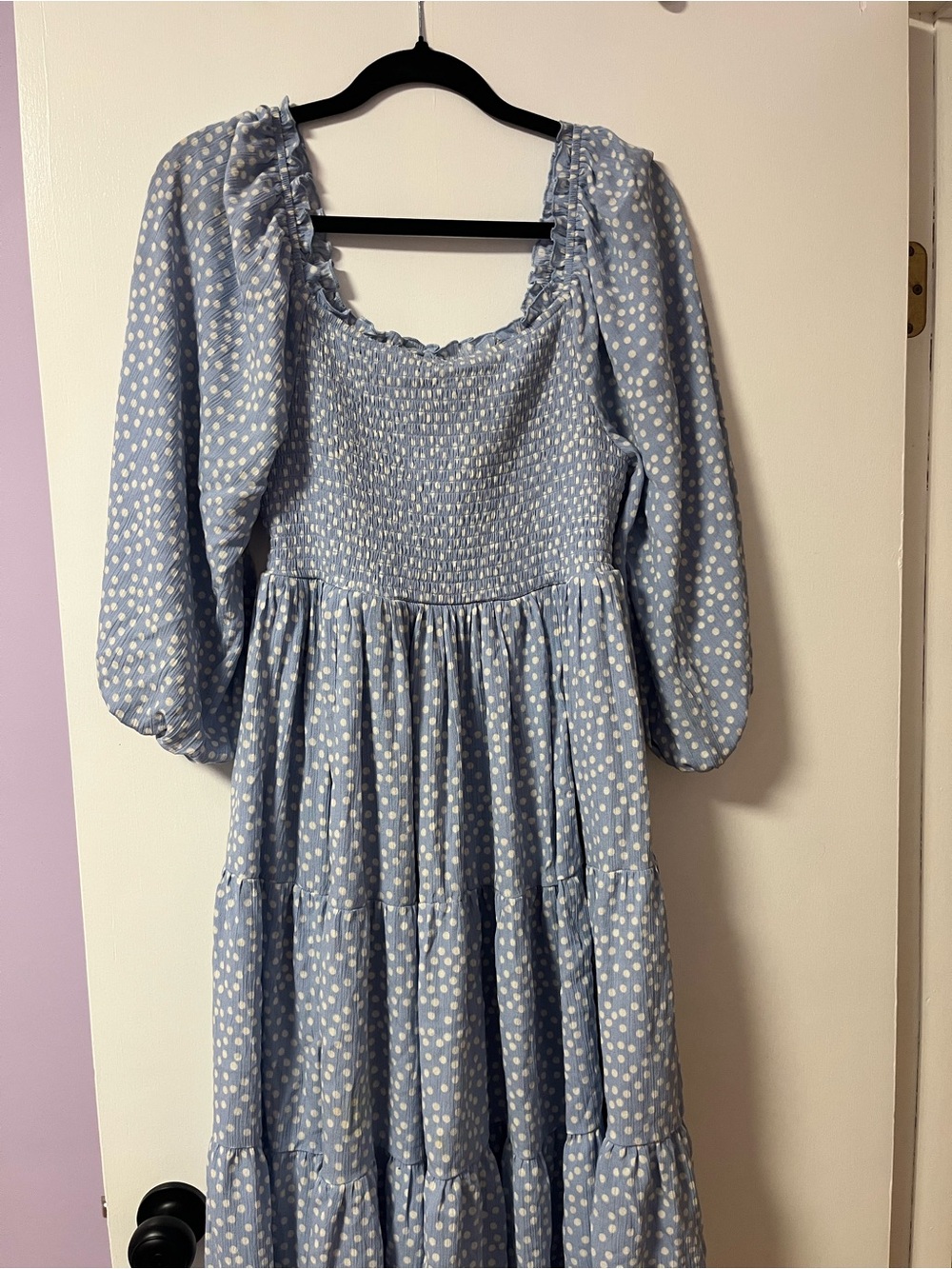 Light Blue Polka Dot Smocked Midi Dress with Puff Sleeves